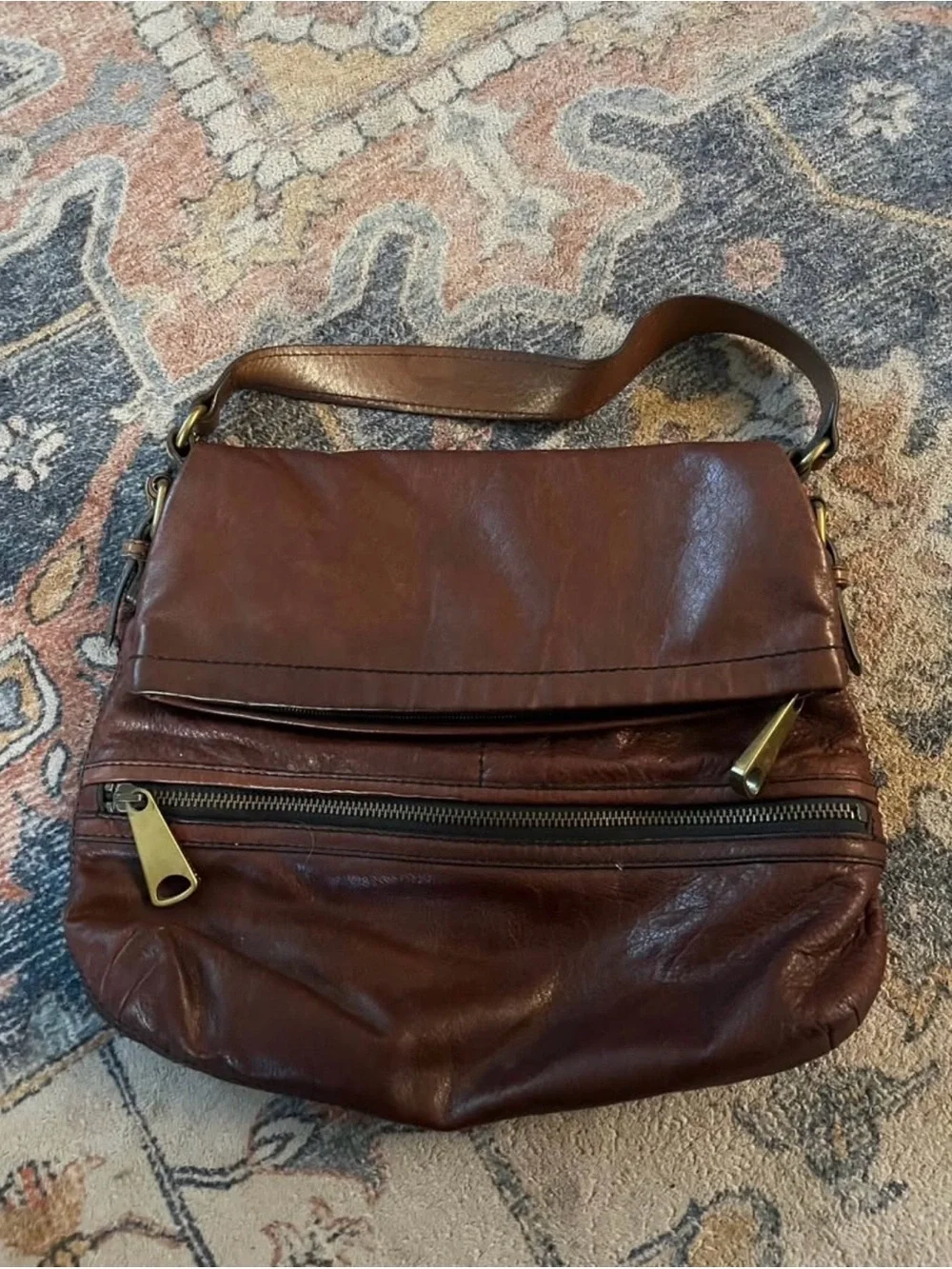 Fossil Brown Leather Flap Satchel with Front Zip